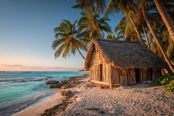 Fototapeta premium Thatched beach hut on a white-sand tropical island with palm trees and turquoise water
