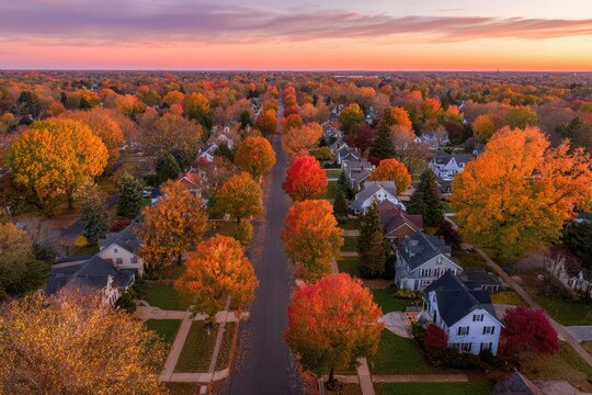 Sunset colors sweeping across a suburban neighborhood in autumn