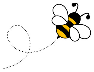 Adorable flying bee with dashed route trail. Playful bumblebee mascot design shows buzzing character on journey. Vector illustration isolated on white. © Віталій Баріда
