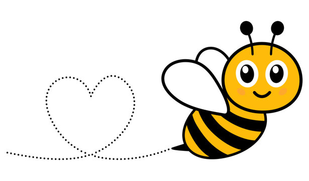 Bumble bee flying along dotted line trail in heart shape. Lovely buzzing honey insect. Vector illustration isolated on white.