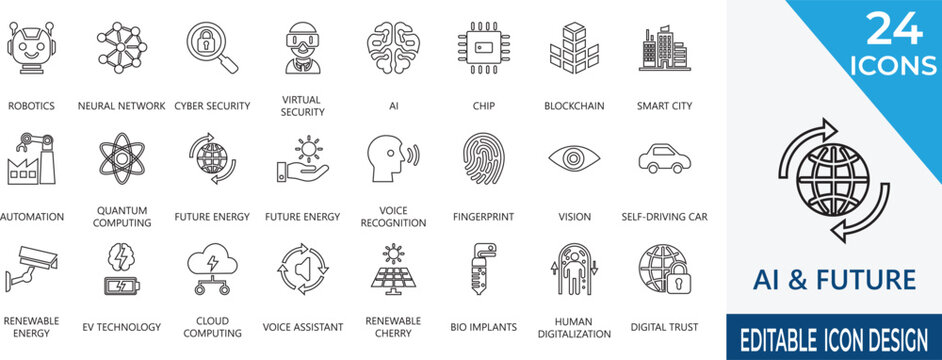 Premium AI line icon set for machine learning, computing, future,  intelligence,  innovation,  robotics, and Editable line icons for UI and web design.