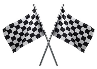 Two crossed black and white checkered flags for a race finish isolated on a transparent background.