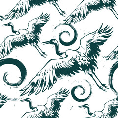Fototapeta premium crane bird abstract japanese chinese seamless vector pattern ink design 