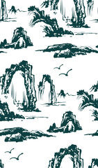 mountain cliffs japanese chinese seamless vector pattern ink design 