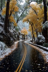 Obraz premium Winding forest road in winter with yellow leaves and light snow along a scenic path