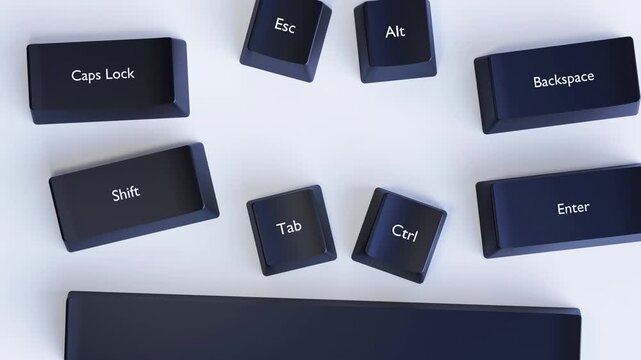 4K 3D Video Animation Keyboard Modifier & Function Keys Layout (Ctrl, Shift, Alt, Tab, Caps Lock, Esc, Enter, Backspace), Computer Shortcuts and Productivity Concept on Light Gray Background