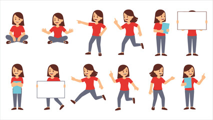 Naklejka premium Woman in Casual Outfit Vector Set. Character in multiple poses for your project