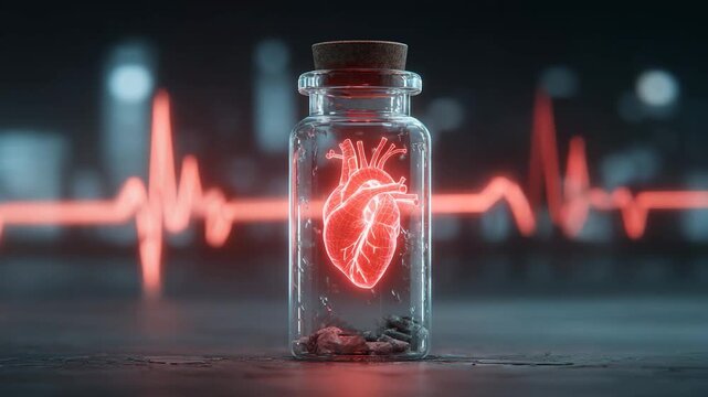 A glowing red heart inside a glass jar with a cork stopper on a dark surface with a blurred ecg background