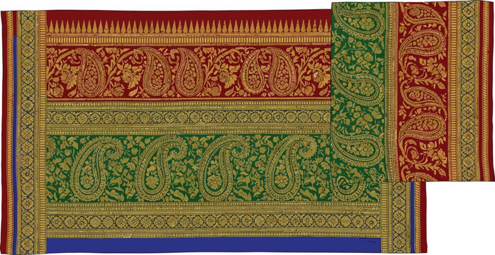 Indian silk saree fabric with paisley patterns, traditional textile design and rich ethnic embroidery.