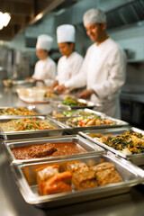 Professional Kitchen with Chefs and Sauced Trays in Foreground