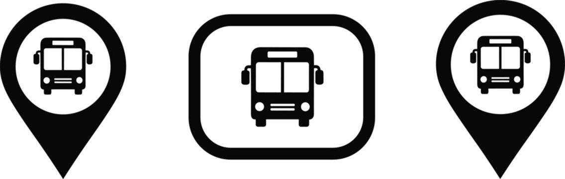 Black and white bus icons for transit apps, map markers, and transportation signage, minimalist symbols for public transport systems