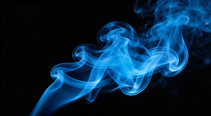 Abstract blue smoke swirling on black background, forming fluid patterns with ethereal and artistic effect. Perfect for design, art, and atmospheric visuals