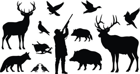 Comprehensive Hunting Silhouette Vector Set Featuring Hunter with Shotgun Plus Wild Boar Stag Deer Fox and Various Game Birds Isolated on White Background for Design