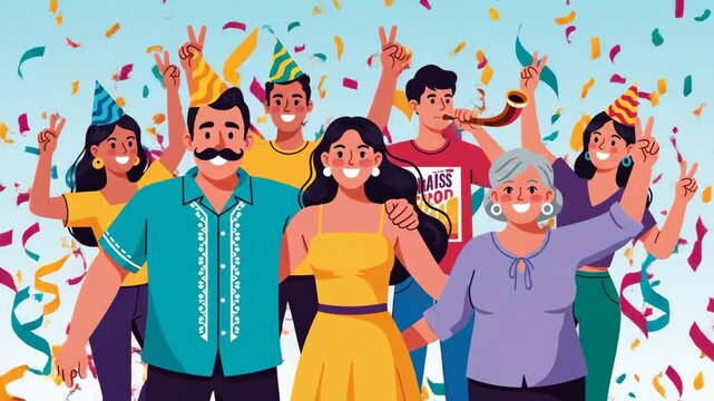 Group of diverse people celebrating with confetti and party hats festive and joyful cartoon style anniversary celebration with a group of men and women