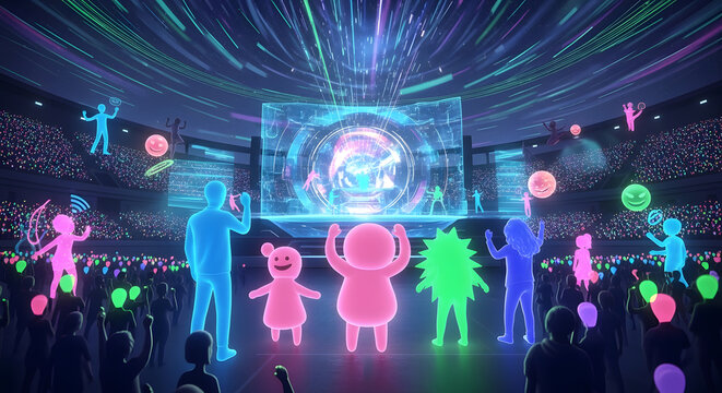 Futuristic Metaverse Live Event with Digital Avatars, Interactive Crowd and Immersive Neon Virtual Stage
