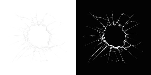 Realistic broken glass crack with bullet hole. Shattered window texture overlay. Impact damage effect isolated. Spider web fracture pattern on transparent background. © Viktoriia