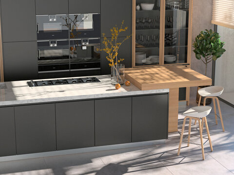 Modern interior of kitchen with living room. 3d render