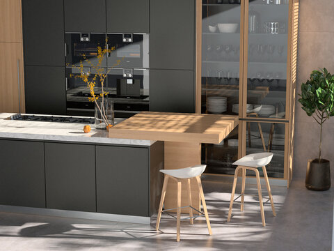 Modern interior of kitchen with living room. 3d render