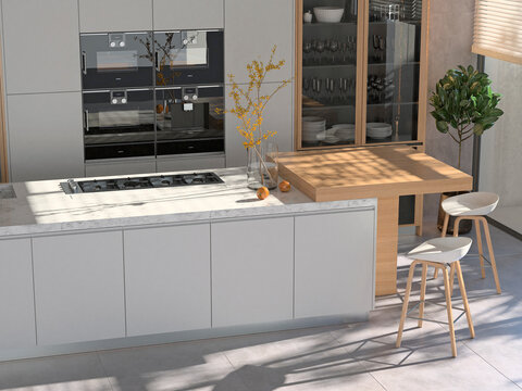 Modern interior of kitchen with living room. 3d render