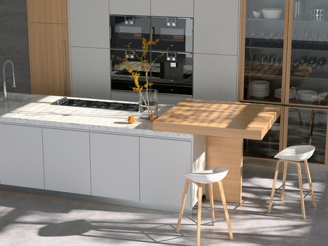 Modern interior of kitchen with living room. 3d render