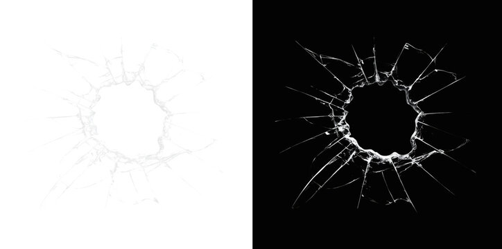 Realistic broken glass crack with bullet hole. Shattered window texture overlay. Impact damage effect isolated. Spider web fracture pattern on transparent background.
