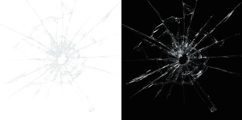 Realistic broken glass crack with bullet hole. Shattered window texture overlay. Impact damage effect isolated. Spider web fracture pattern on transparent background. © Viktoriia