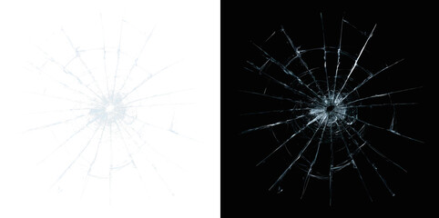 Realistic broken glass crack with bullet hole. Shattered window texture overlay. Impact damage effect isolated. Spider web fracture pattern on transparent background. © Viktoriia