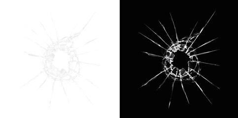 Fototapeta premium Realistic broken glass crack with bullet hole. Shattered window texture overlay. Impact damage effect isolated. Spider web fracture pattern on transparent background.