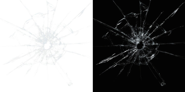 Realistic broken glass crack with bullet hole. Shattered window texture overlay. Impact damage effect isolated. Spider web fracture pattern on transparent background.