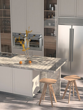 Modern interior of kitchen with living room. 3d render
