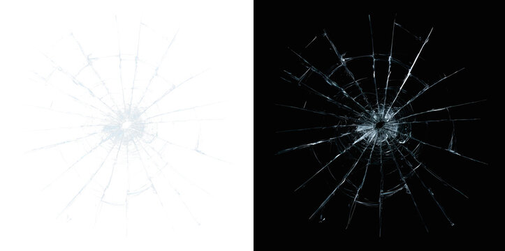 Realistic broken glass crack with bullet hole. Shattered window texture overlay. Impact damage effect isolated. Spider web fracture pattern on transparent background.