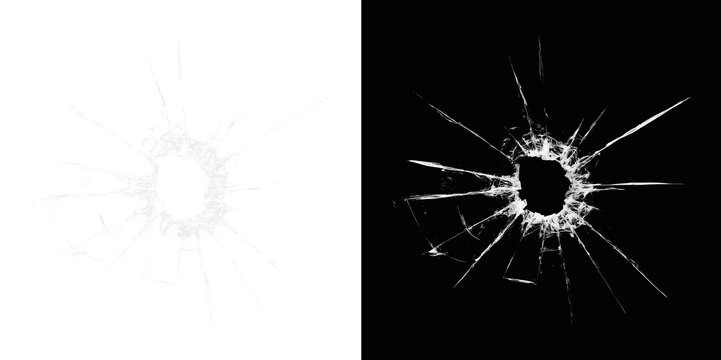 Realistic broken glass crack with bullet hole. Shattered window texture overlay. Impact damage effect isolated. Spider web fracture pattern on transparent background.