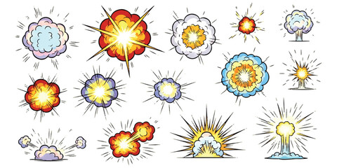 A collection of cartoon explosion effects and smoke clouds in various styles and colors © md