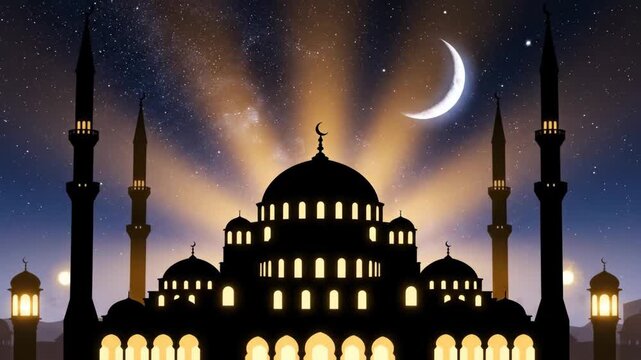 Silhouette of a mosque with crescent moon and starry night sky backdrop for ramadan kareem celebrations and islamic religious background