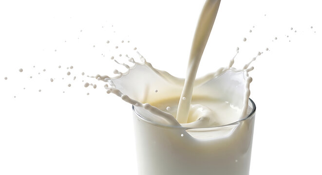Vibrant stream of fresh, white milk cascading into a glass, creating an invigorating and dynamic splash effect on a pure background