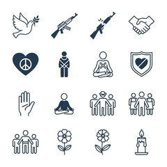 Naklejka premium Peaceful Symbols: Symbolic illustration of dove holding olive branch, guns, handshake, heart sign peace, person icon, medidation person, people group, flower, and candle. 