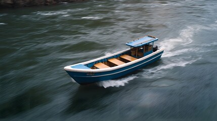 Fototapeta premium A blue motorboat navigates a dark rippling river creating a visible wake under daylight