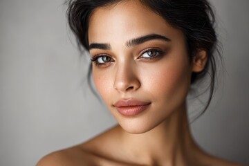 Naklejka premium Portrait details: brows, eyes, and lips with neutral gray backdrop and gentle studio lighting