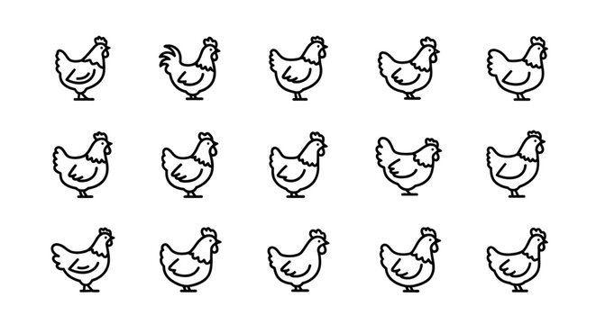 Group of Line Art Rooster Illustrations for Farming and Poultry Themes