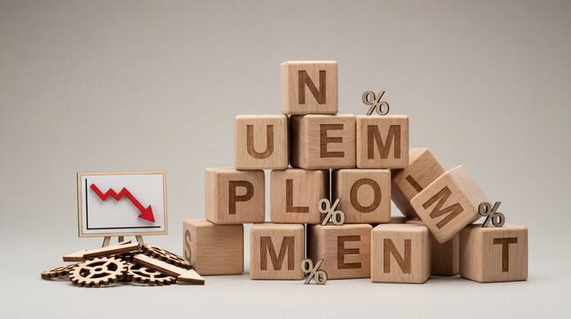 Falling Unemployment Rate Graph with Wooden Blocks Displaying Rate Decline on Desk Surface