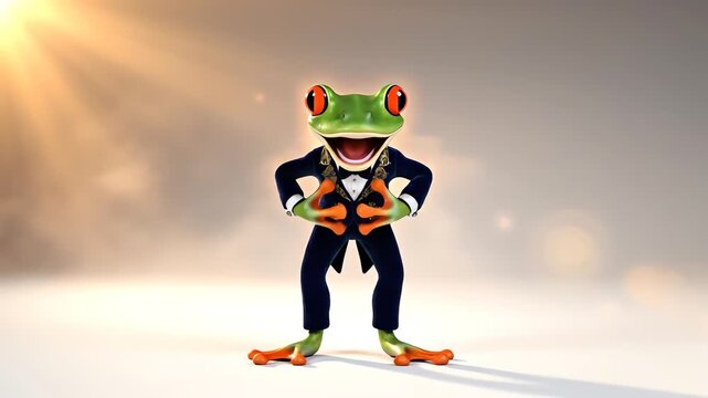 Animated Red Eyed Frog Character Presentation Tuxedo Dramatic Pose Luxury
