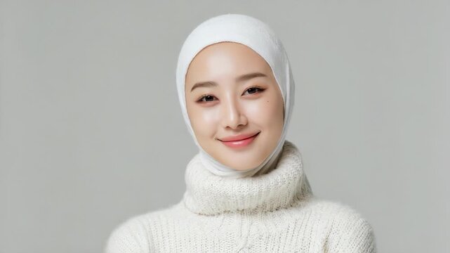 A beautiful young Korean woman wearing a white hijab and cozy cream turtleneck sweater, elegant and friendly expression, modest fashion concept on grey background.
