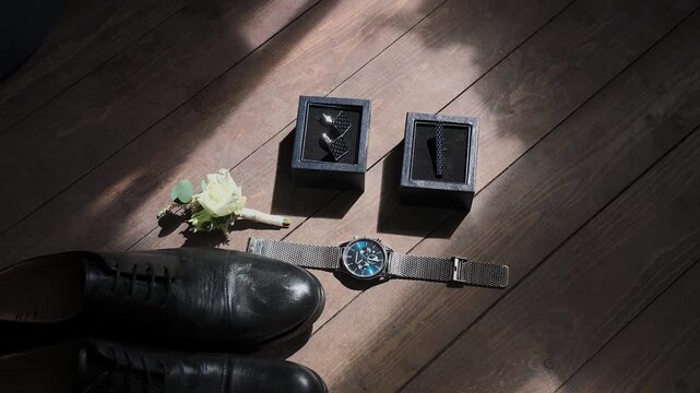 Men's wedding accessories are laid out on the floor in a beautiful arrangement