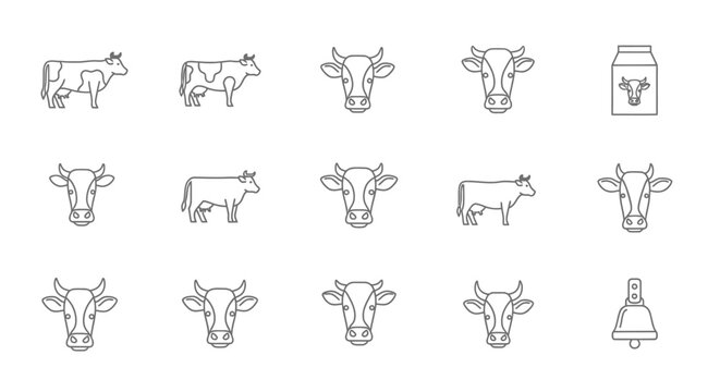 Set of Simple Cow Line Art Icons for Agriculture and Farming Themes