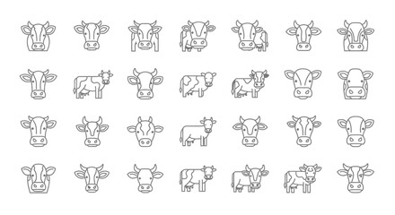 Set of 25 Line Art Cow Icons for Agriculture and Livestock Designs