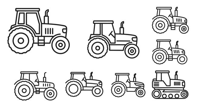 Set of Various Tractor Styles and Designs for Agriculture and Farming