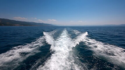 White foamy wake trailing from a boat on a calm blue sea with distant mountains and a clear sunny sky above
