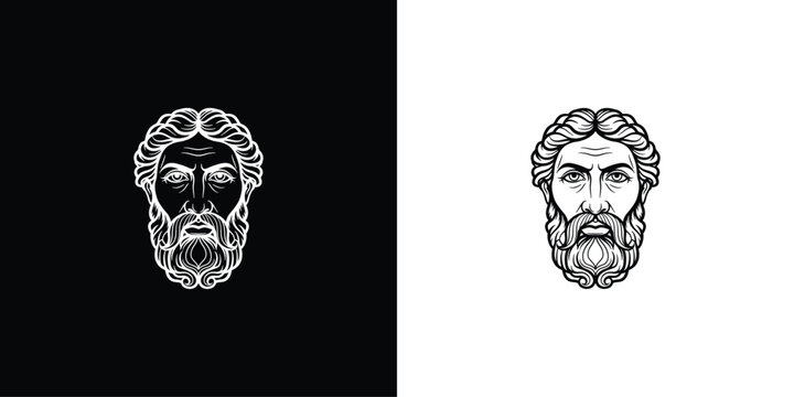 Ancient Greek God Zeus Head Sculpture Black and White.