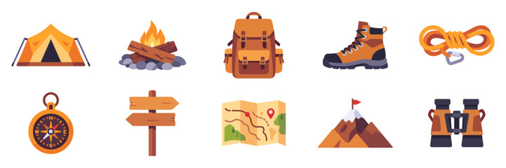 Adventure hiking icons set with camping gear and trail navigation items, colorful collection, vector flat style illustrations © point of BORT