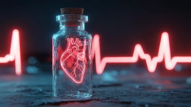 A glowing heart in a glass bottle with a red ecg line in the background symbolizing health and medicine